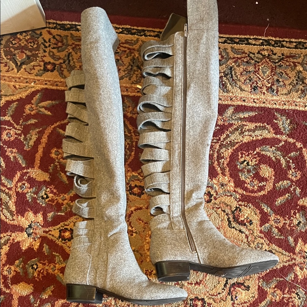 Nine West Gray Over-the-Knee Boots with Side Ruffle Detail